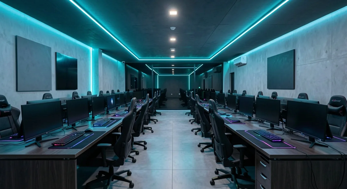 Interior del club Werdavia con estaciones de cómputo profesional iluminadas en cian