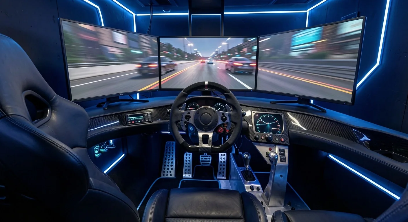 Cockpit de simulador de carreras con volante de cuero y pedales profesionales
