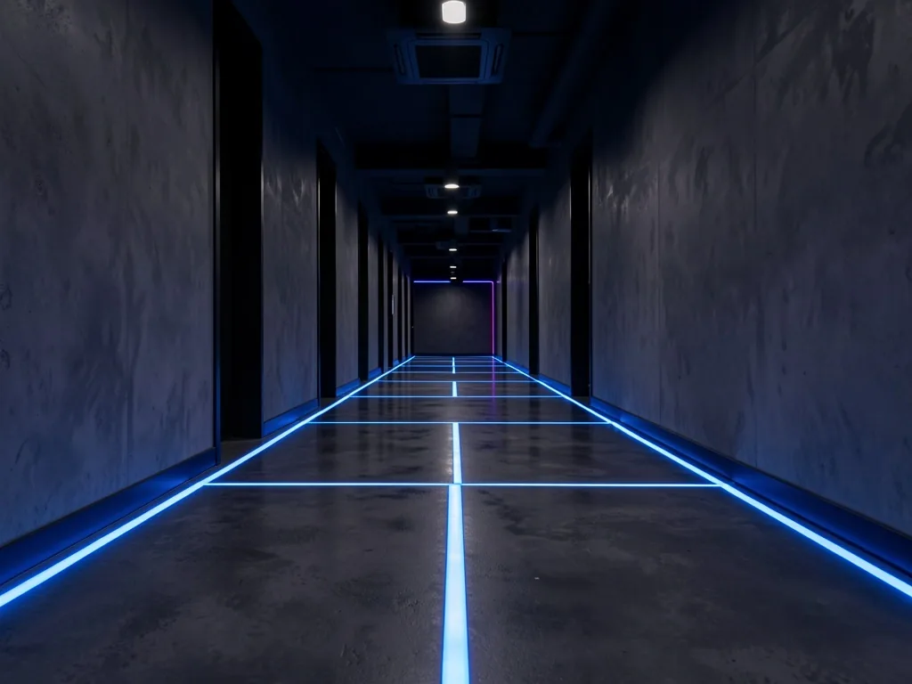 Iluminación LED de piso en pasillo del club