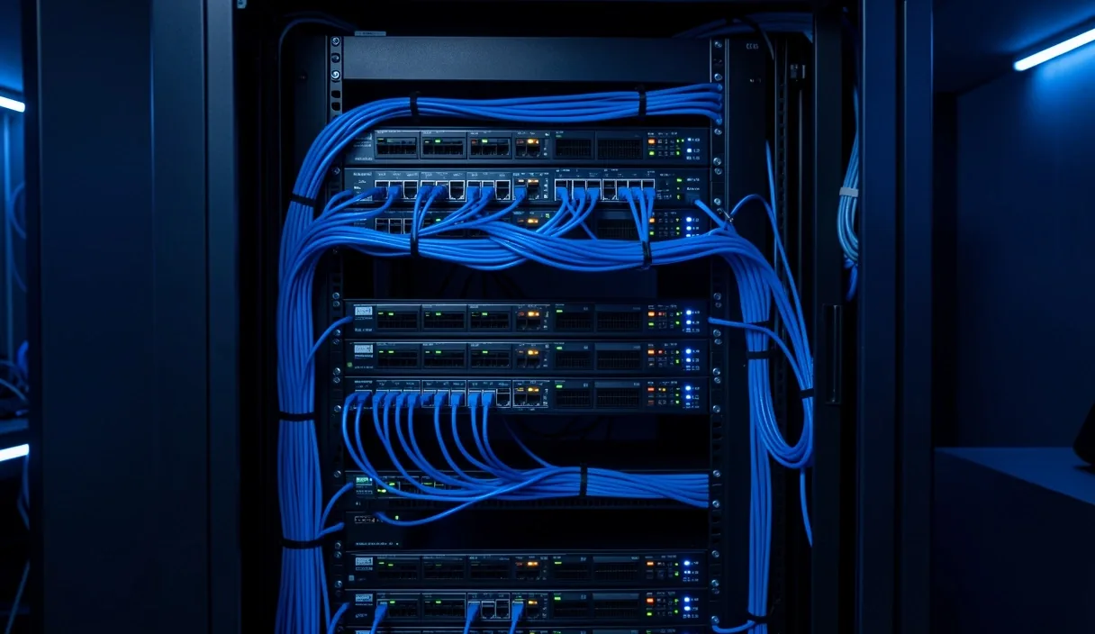 Rack de servidores con cableado organizado y sistemas de ventilación
