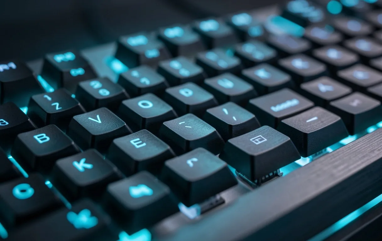 Teclado mecánico con retroiluminación cian en primer plano