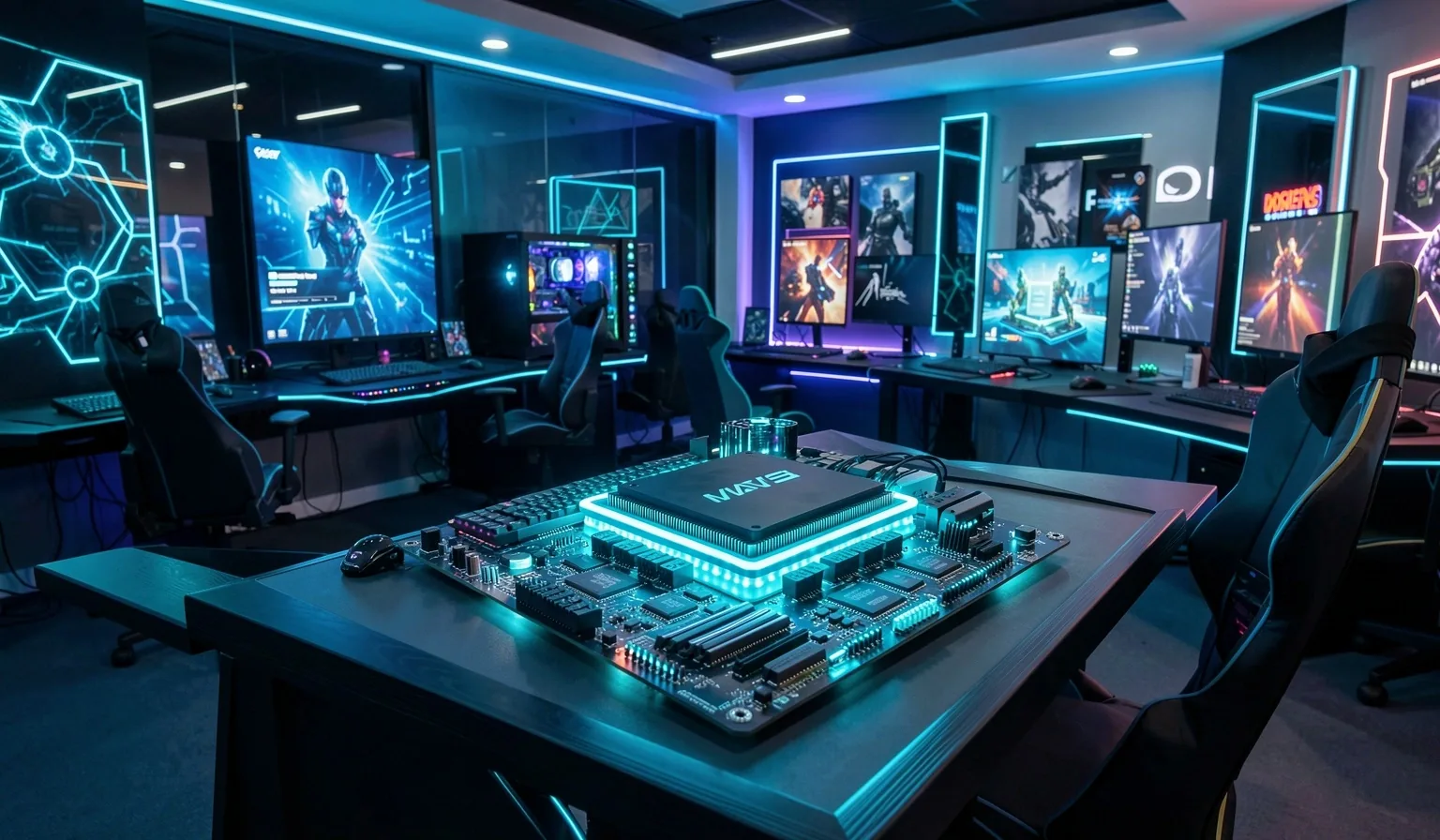 Unidad de estado sólido NVMe instalada en placa base con iluminación cian
