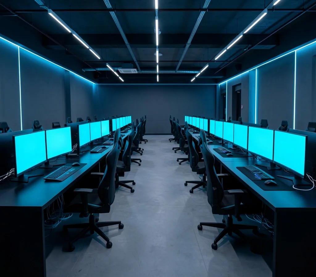 Interior del club Werdavia con estaciones de trabajo profesionales