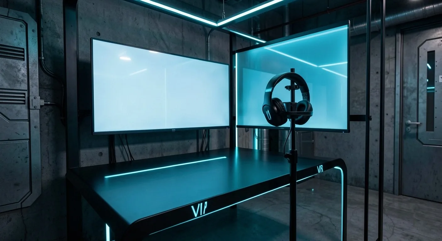 Interior del club Werdavia con estaciones profesionales bajo iluminación cyan